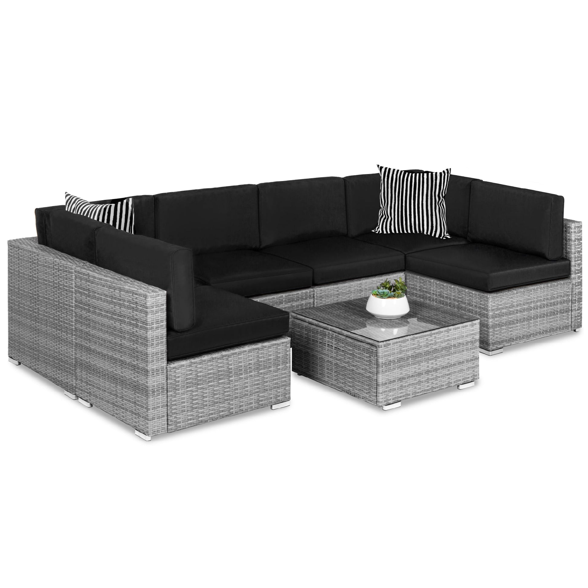 7-Piece Modular Wicker Sectional Conversation Set w/ 2 Pillows, Cover