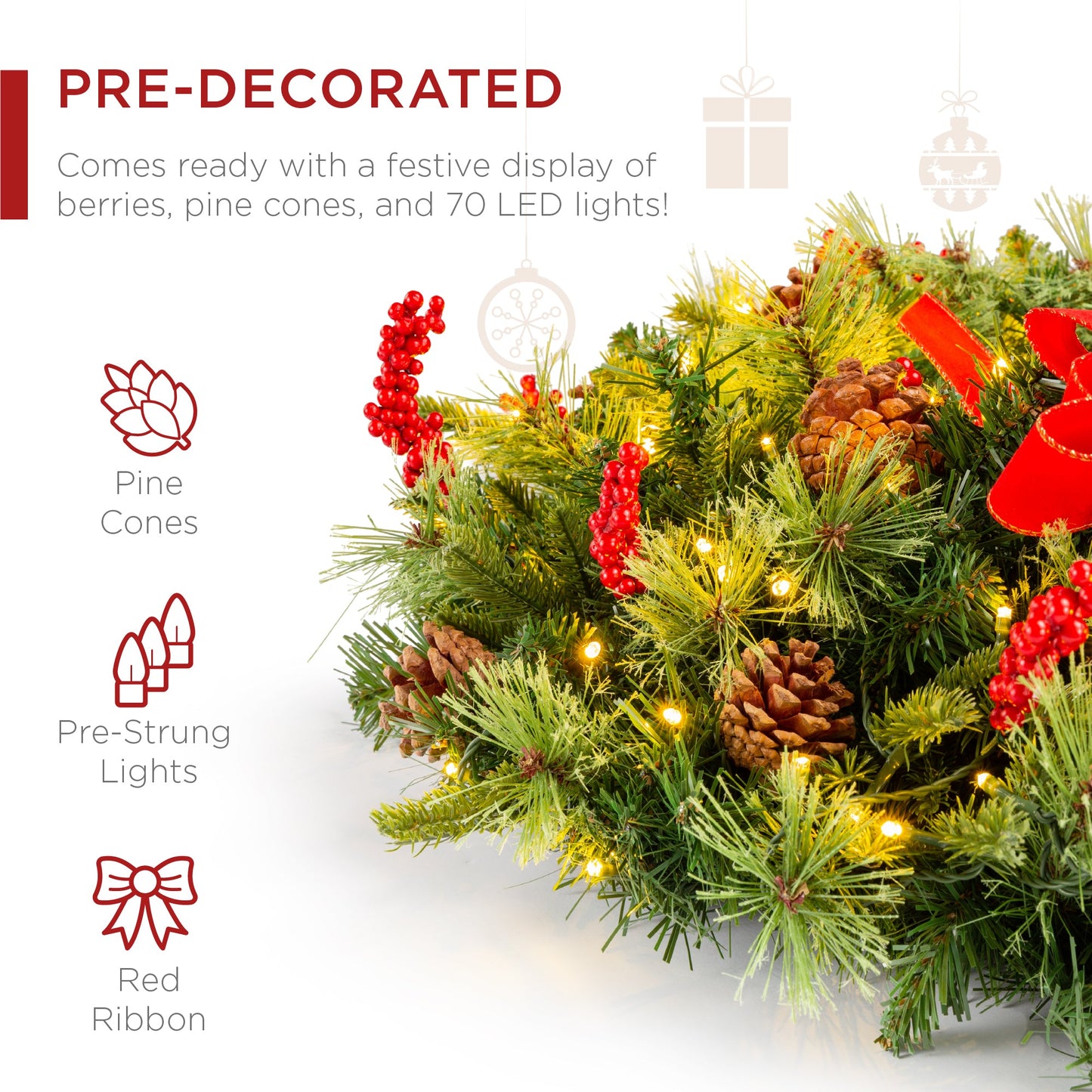 Pre-Lit Battery Powered Christmas Wreath w/ Lights, PVC Tips, Ribbon