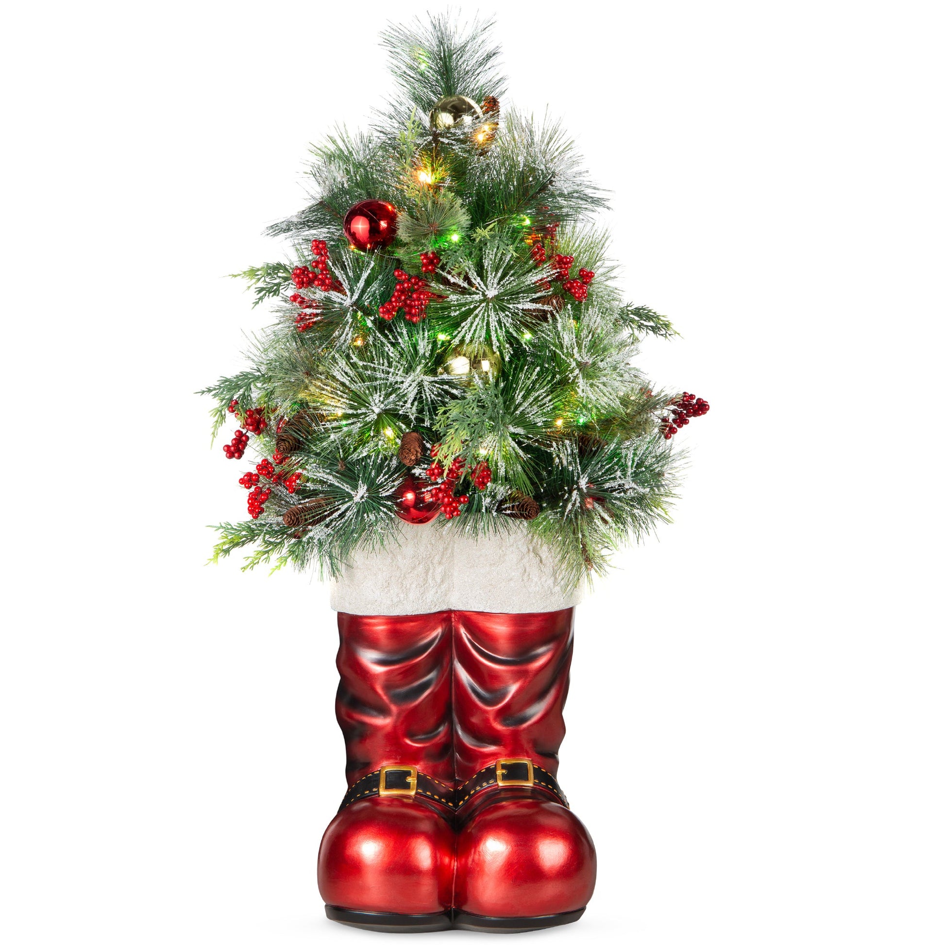 Santa Boots w/ Pre-Decorated Christmas Greenery, Lights - 40in