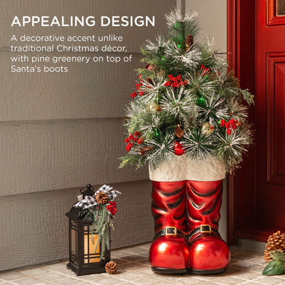 Santa Boots w/ Pre-Decorated Christmas Greenery, Lights - 40in