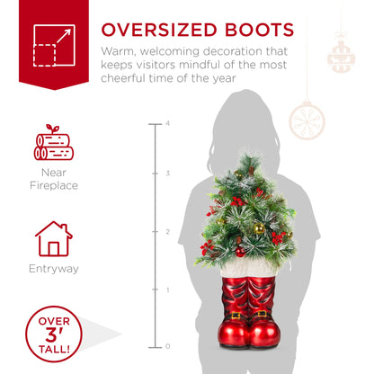 Santa Boots w/ Pre-Decorated Christmas Greenery, Lights - 40in