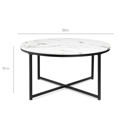 Round Coffee Table w/ Faux Marble Top, Metal Frame - 36in