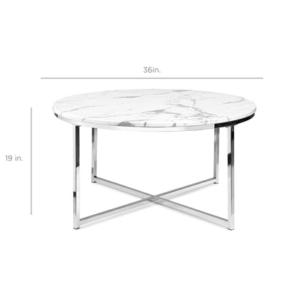 Round Coffee Table w/ Faux Marble Top, Metal Frame - 36in