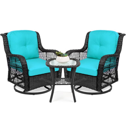 3-Piece Patio Wicker Bistro Furniture Set w/ 2 Swivel Rocking Chairs, Table