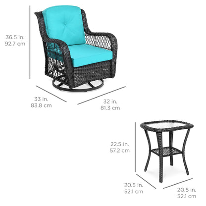 3-Piece Patio Wicker Bistro Furniture Set w/ 2 Swivel Rocking Chairs, Table