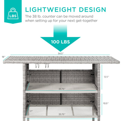 Outdoor Wicker Bar Counter Table w/ 2 Steel Shelves, 2 Rails