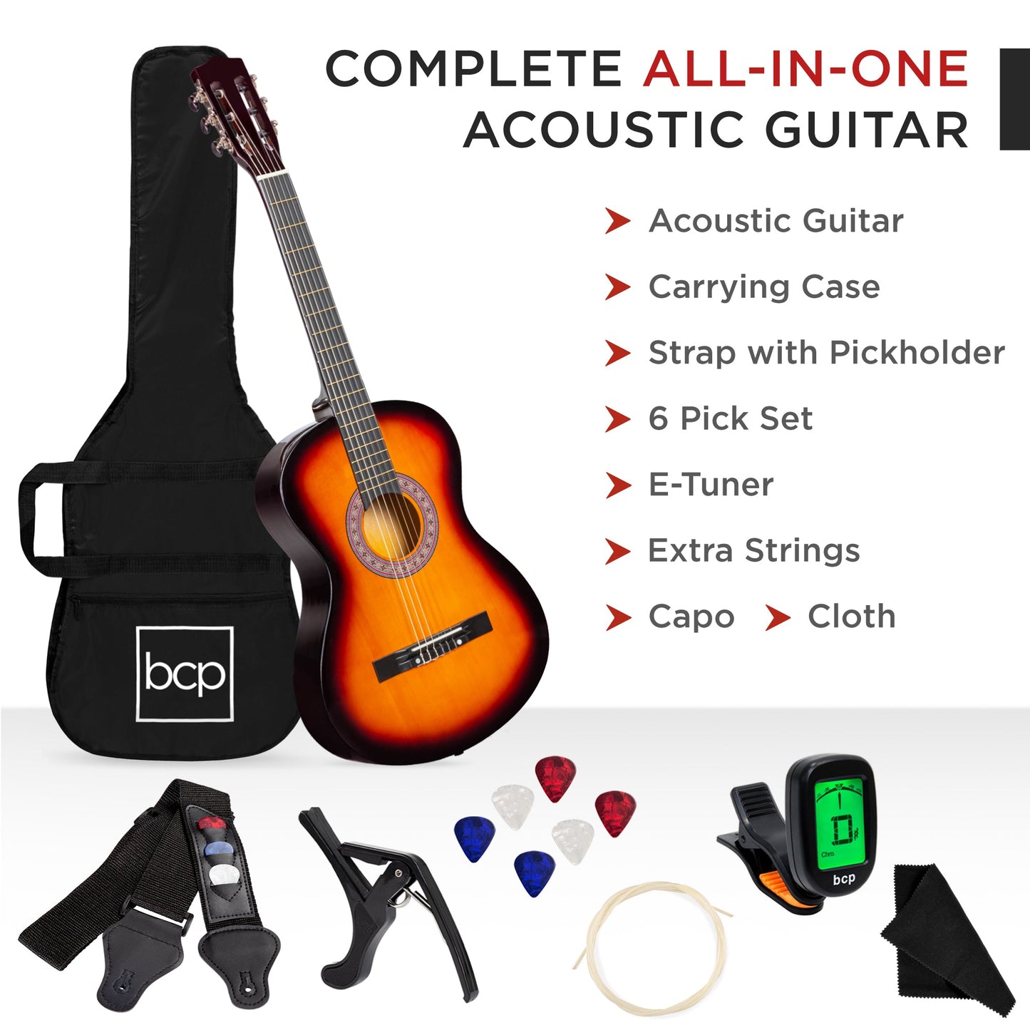 Beginner Acoustic Guitar Set w/ Case, Strap, Digital Tuner, Strings - 38in