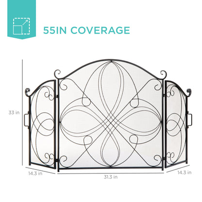 3-Panel Wrought Iron Metal Fireplace Screen Cover w/ Scroll Design - 55x33in