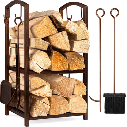 5-Piece Firewood Log Rack Holder Tools Set w/ Hook, Broom, Shovel, Tongs