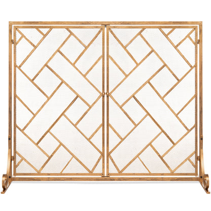 2-Panel Wrought Iron Geometric Fireplace Screen w/ Magnetic Doors - 44x33in