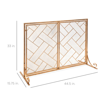 2-Panel Wrought Iron Geometric Fireplace Screen w/ Magnetic Doors - 44x33in