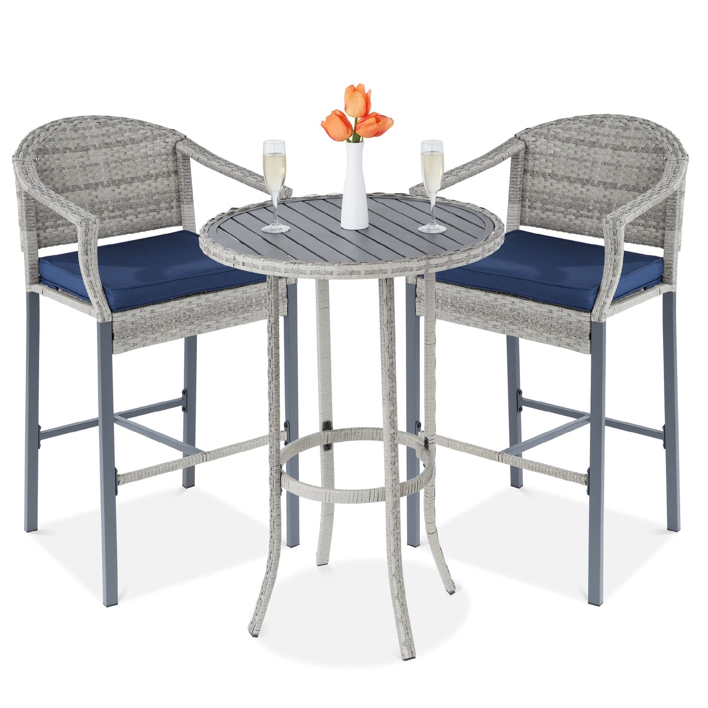 3-Piece Outdoor Bistro Wicker Table Bar Set w/ Bar Stools, Footrests