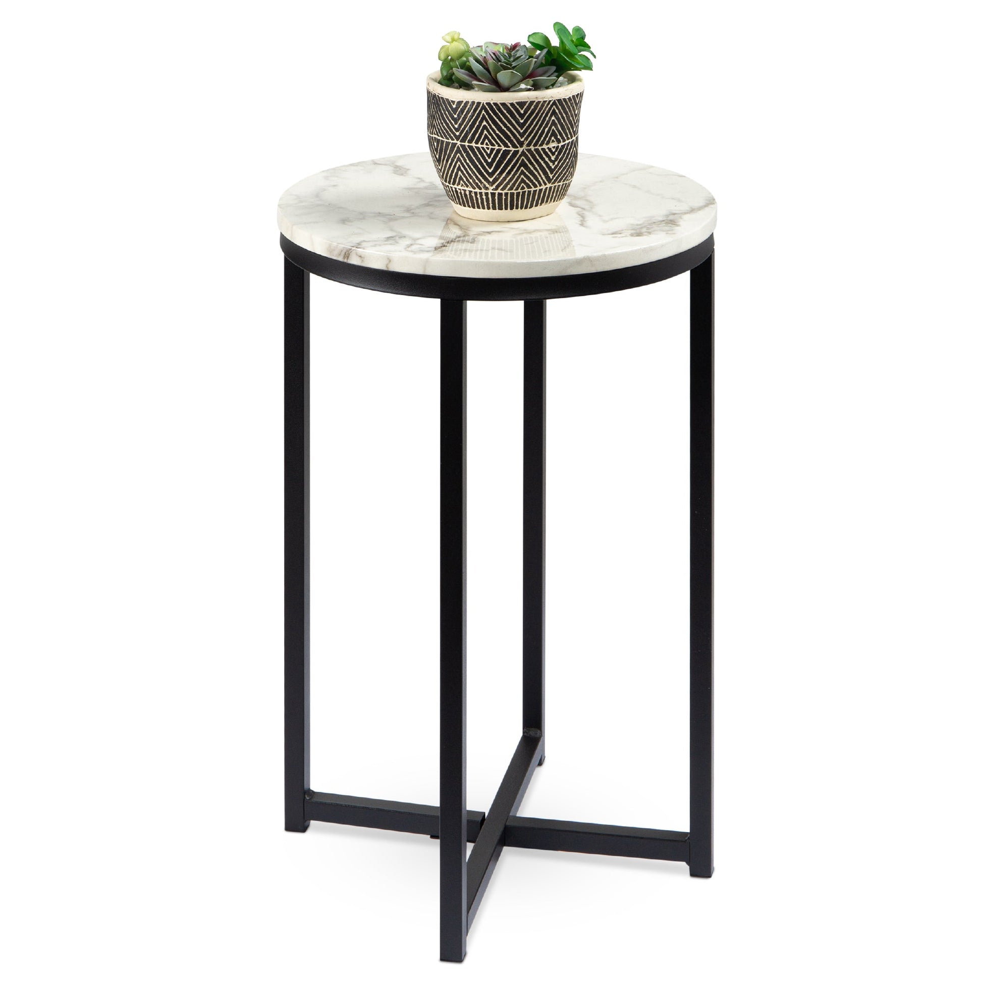 Round Coffee Side Table w/ Faux Marble Top, Metal Frame - 16in