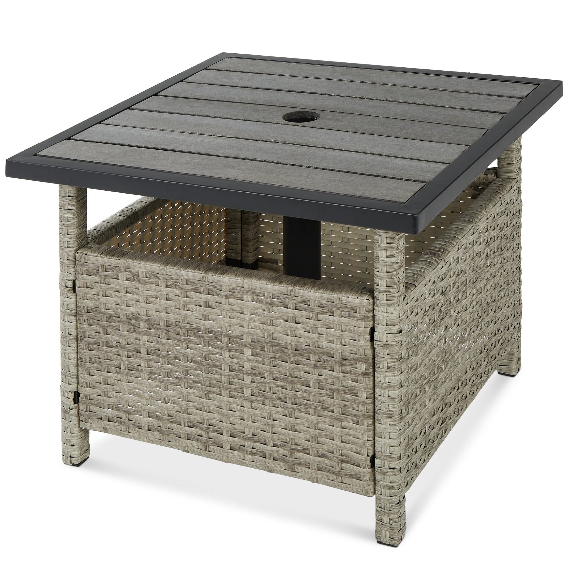 Outdoor Wicker Patio Side Table Accent Furniture w/ Umbrella Hole