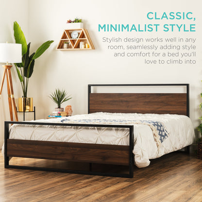 Metal Wood Platform Queen Bed Frame w/ Wooden Slats