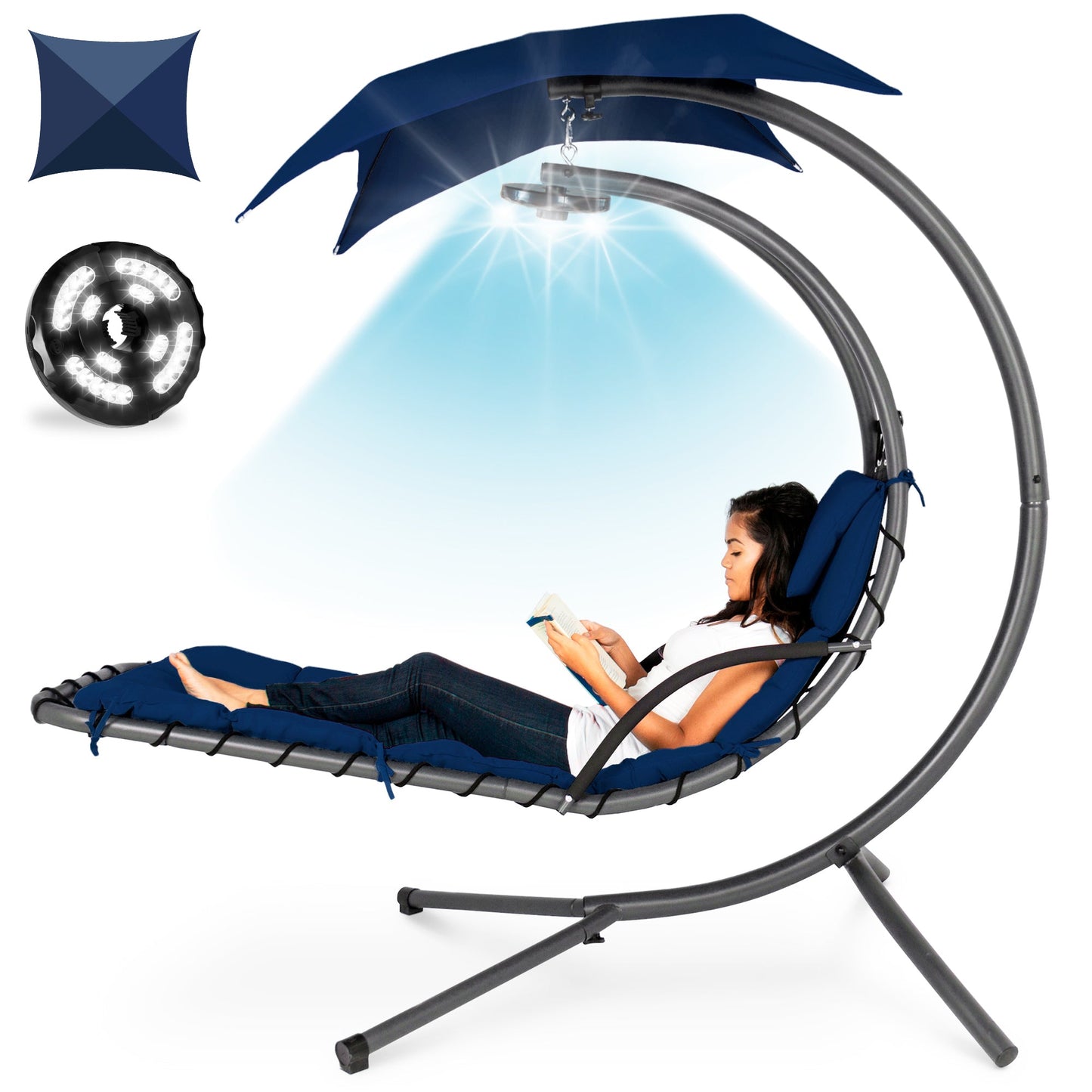 Hanging LED-Lit Curved Chaise Lounge Chair w/ Pillow, Canopy, Stand