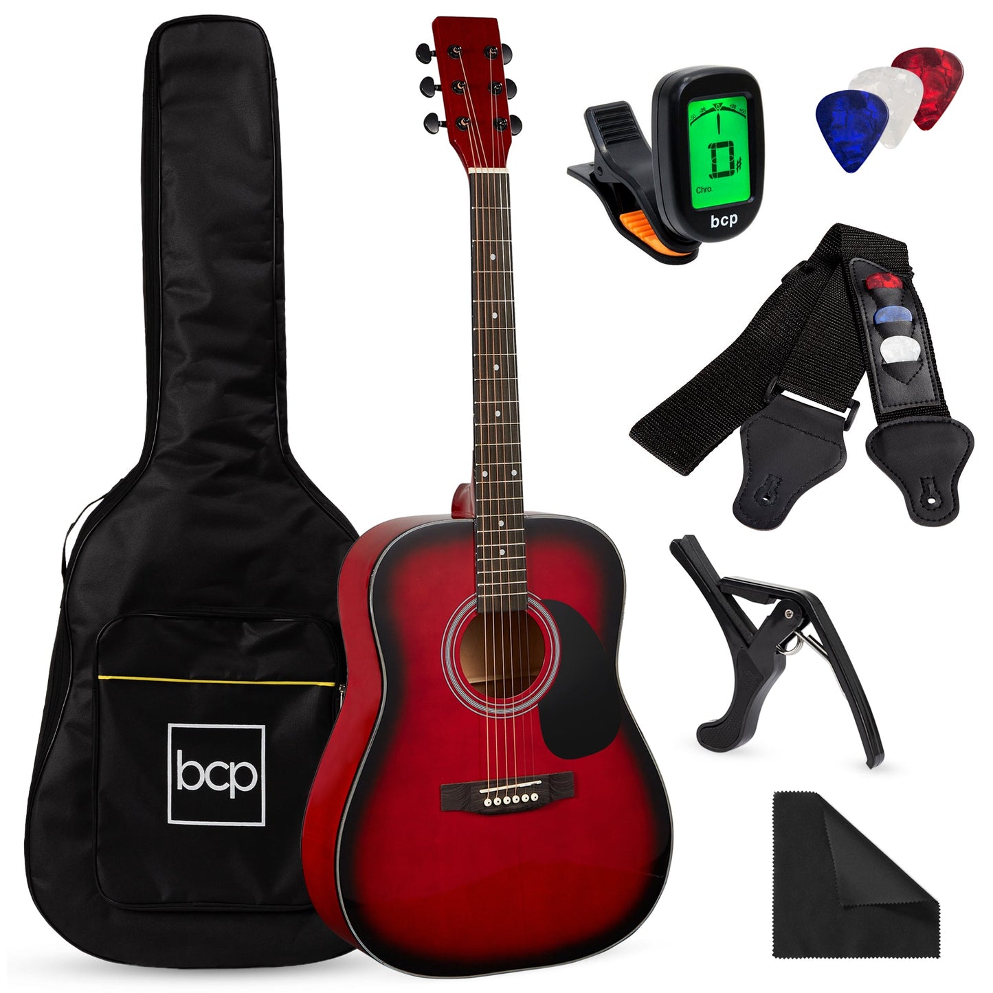 41in Acoustic Guitar Starter Kit w/ Digital Tuner, Padded Case, Picks, Strap