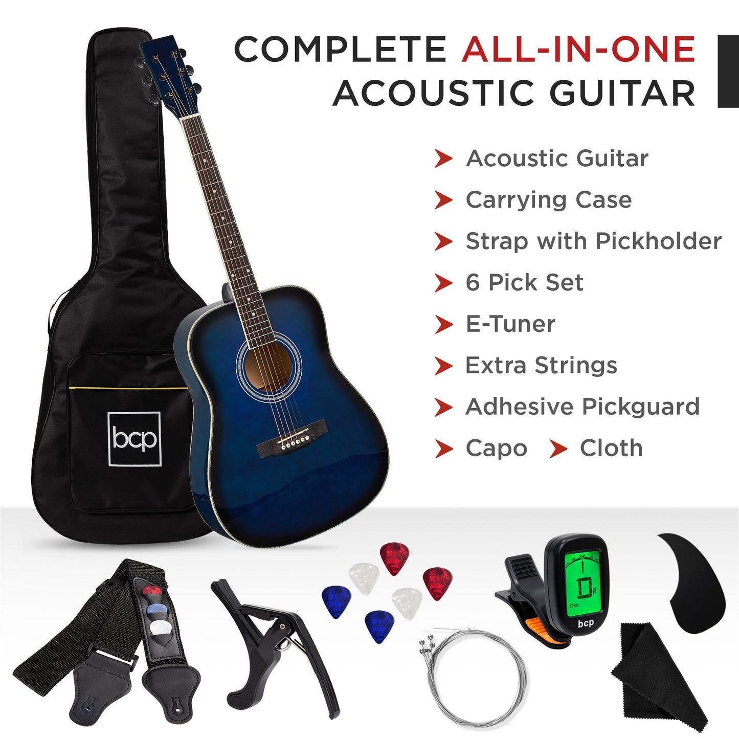 41in Acoustic Guitar Starter Kit w/ Digital Tuner, Padded Case, Picks, Strap