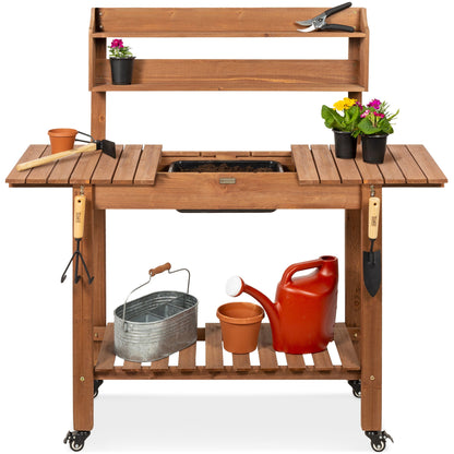 Wood Garden Potting Bench w/ Sliding Tabletop, Food Grade Dry Sink, Wheels