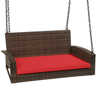Woven Wicker Hanging Porch Swing Bench w/ Mounting Chains, Seat Cushion