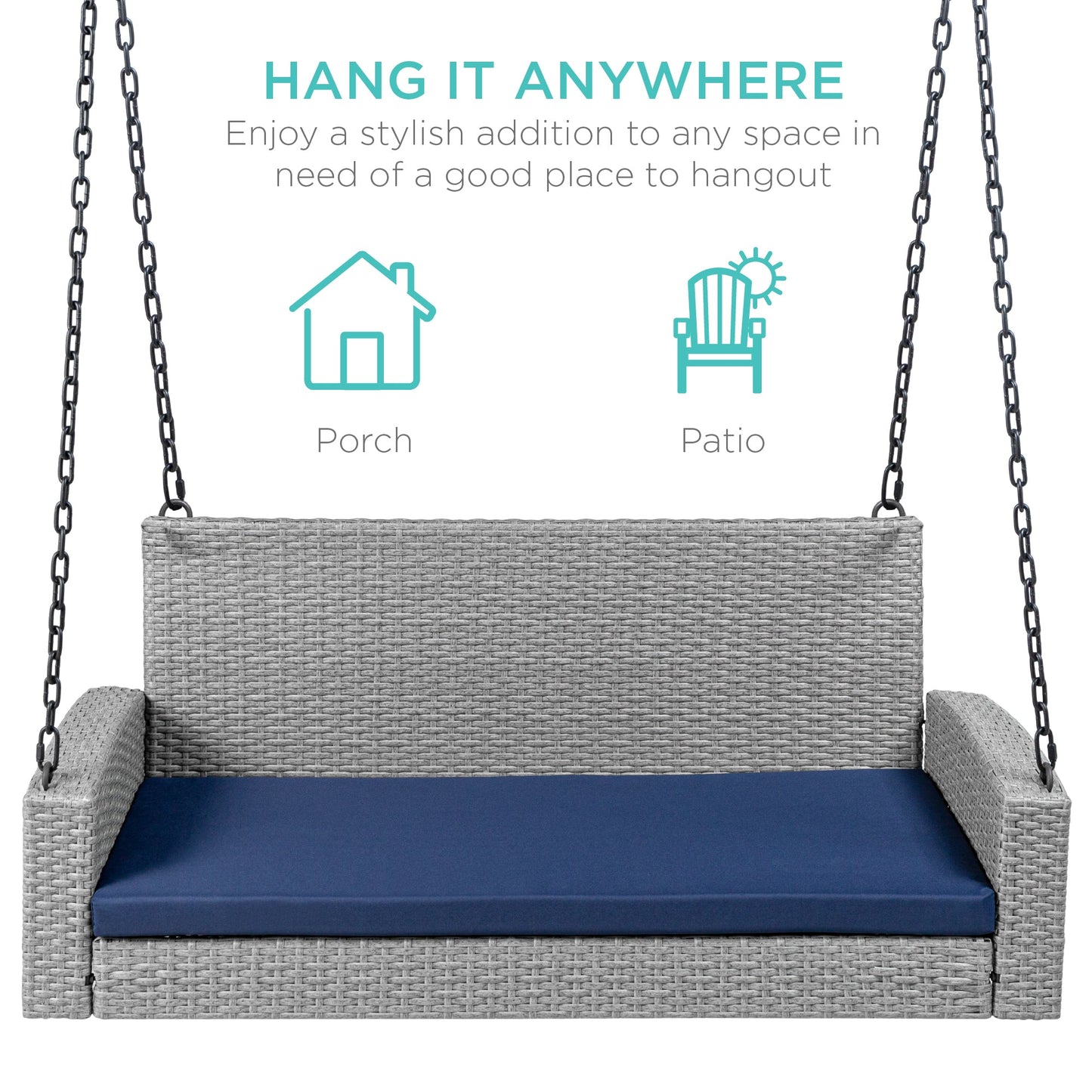 Woven Wicker Hanging Porch Swing Bench w/ Mounting Chains, Seat Cushion