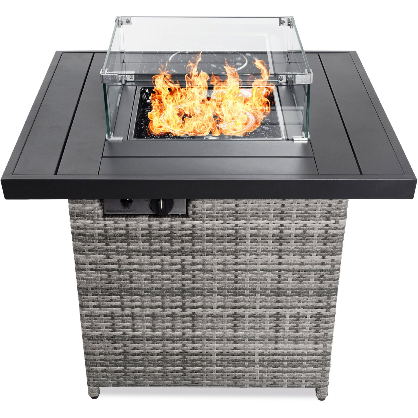 32in Fire Pit Table 50,000 BTU Wicker Propane w/ Wind Guard, Cover