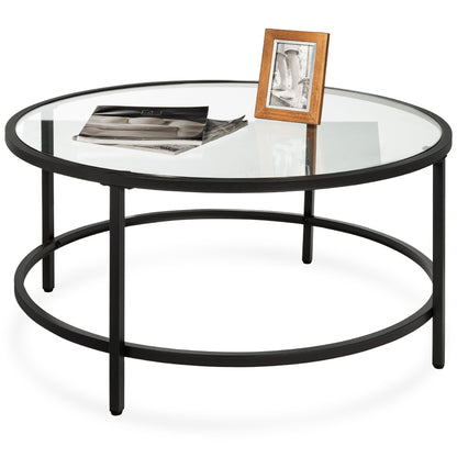 Round Tempered Glass Coffee Table w/ Steel Frame - 36in