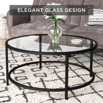 Round Tempered Glass Coffee Table w/ Steel Frame - 36in