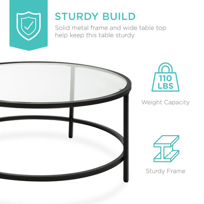 Round Tempered Glass Coffee Table w/ Steel Frame - 36in