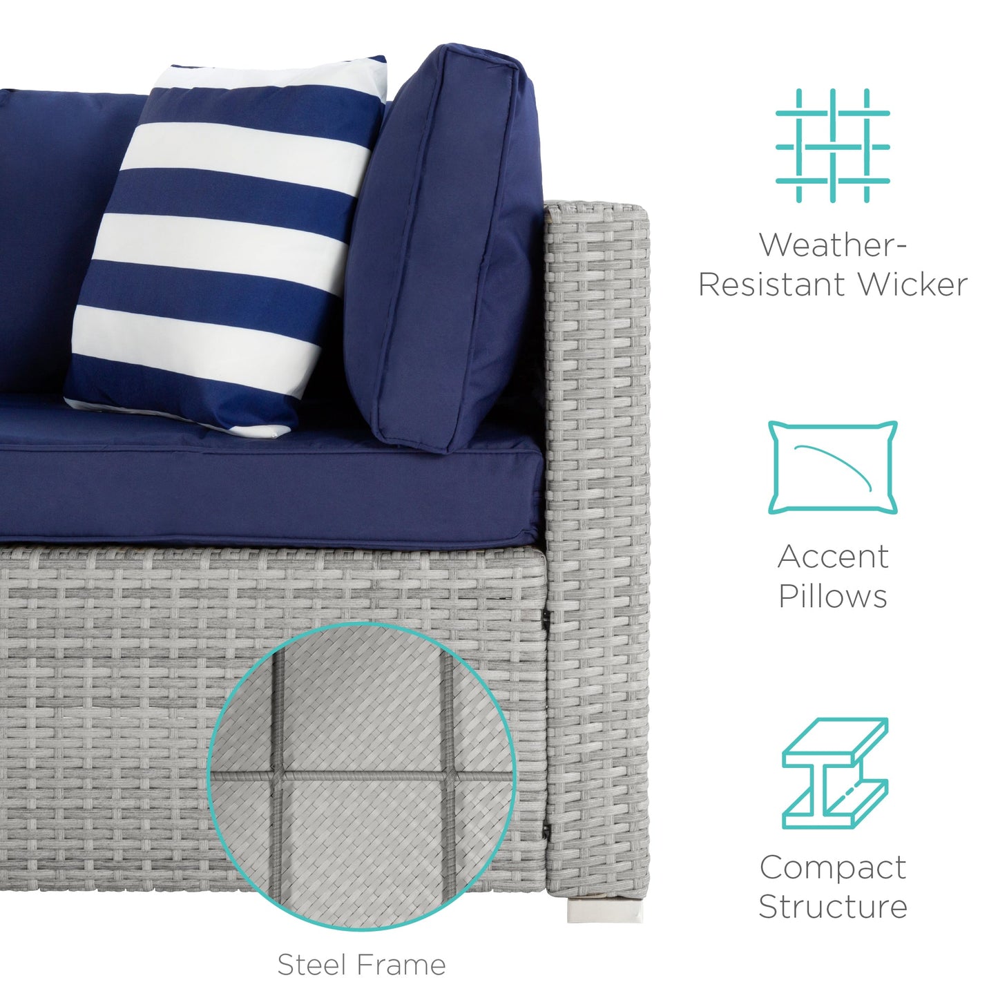 5-Piece Modular Wicker Sectional Conversation Set w/ 2 Pillows, Coffee Table