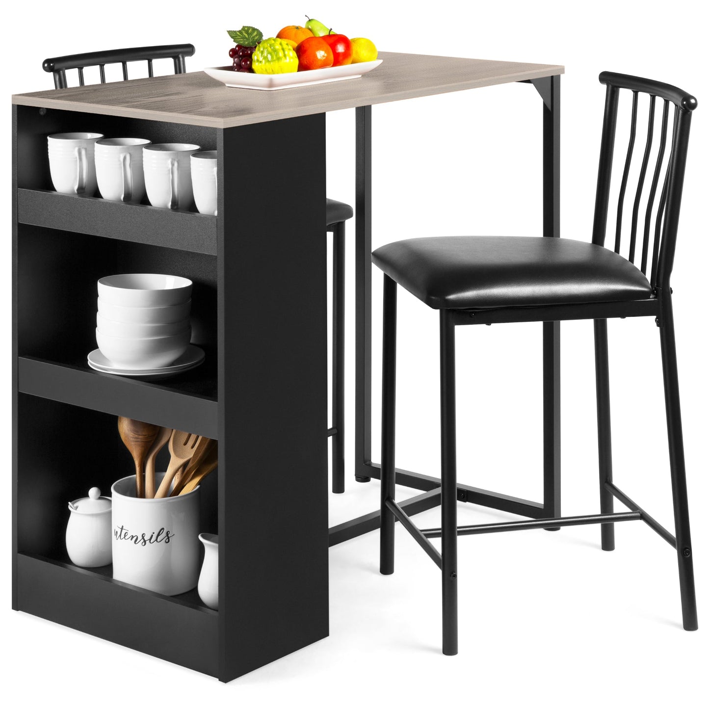 3-Piece Counter Height Kitchen Dining Table Set w/ Storage Shelves