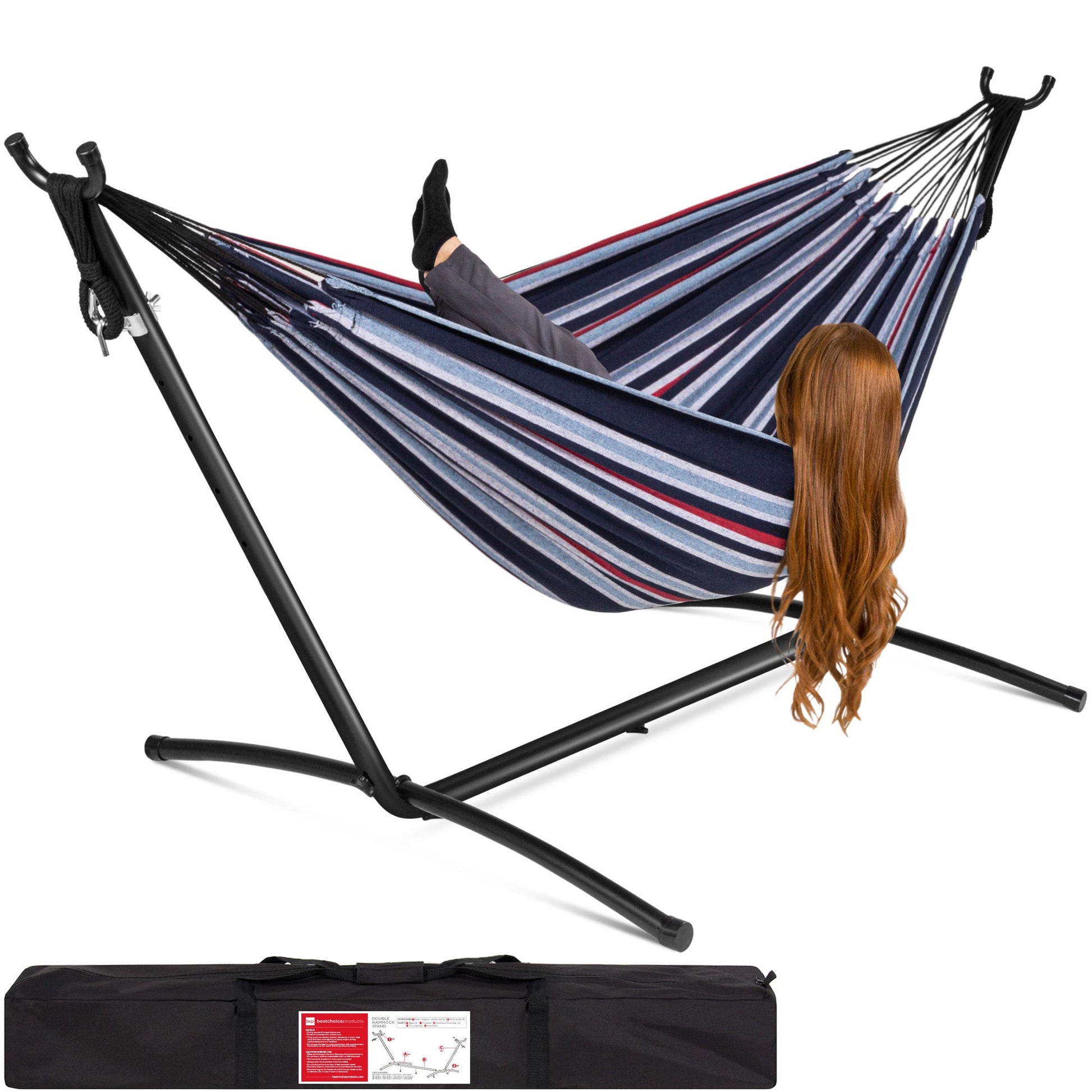 2-Person Brazilian-Style Double Hammock w/ Carrying Bag and Steel Stand