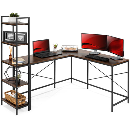 L-Shaped Computer Desk, Study Workstation w/ 5-Tier Open Storage Bookshelf