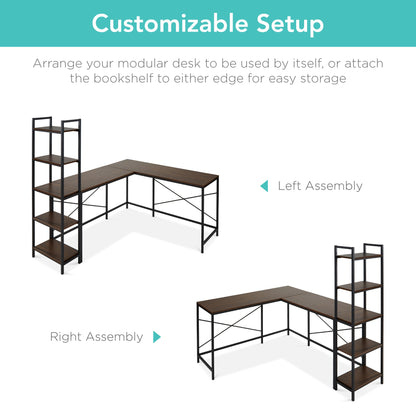 L-Shaped Computer Desk, Study Workstation w/ 5-Tier Open Storage Bookshelf