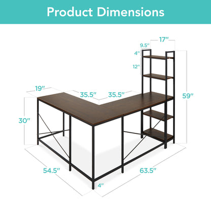 L-Shaped Computer Desk, Study Workstation w/ 5-Tier Open Storage Bookshelf