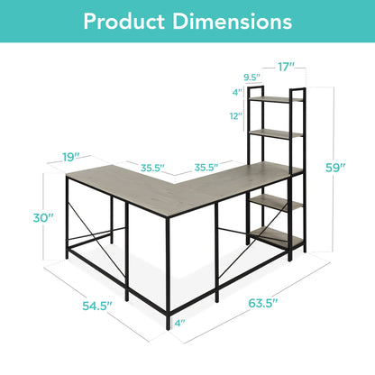 L-Shaped Computer Desk, Study Workstation w/ 5-Tier Open Storage Bookshelf