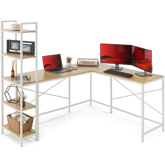 L-Shaped Computer Desk, Study Workstation w/ 5-Tier Open Storage Bookshelf