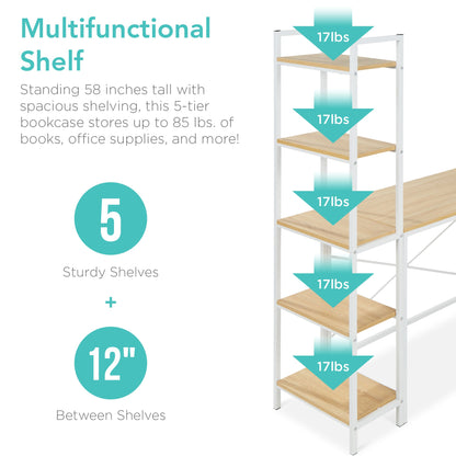 L-Shaped Computer Desk, Study Workstation w/ 5-Tier Open Storage Bookshelf