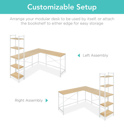 L-Shaped Computer Desk, Study Workstation w/ 5-Tier Open Storage Bookshelf