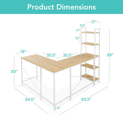 L-Shaped Computer Desk, Study Workstation w/ 5-Tier Open Storage Bookshelf