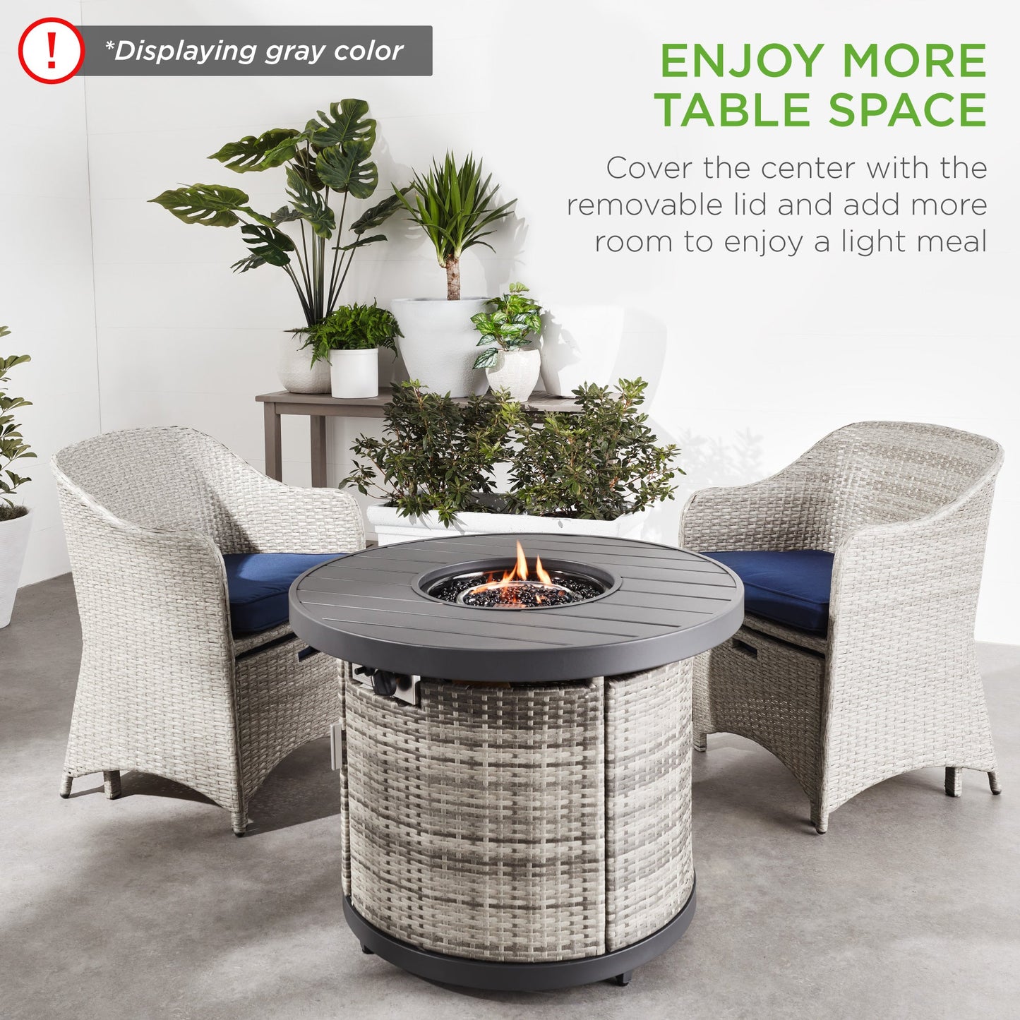 Round Fire Pit Table, 50,000 BTU Outdoor Wicker Firepit w/ Cover - 32in