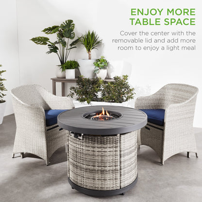 Round Fire Pit Table, 50,000 BTU Outdoor Wicker Firepit w/ Cover - 32in