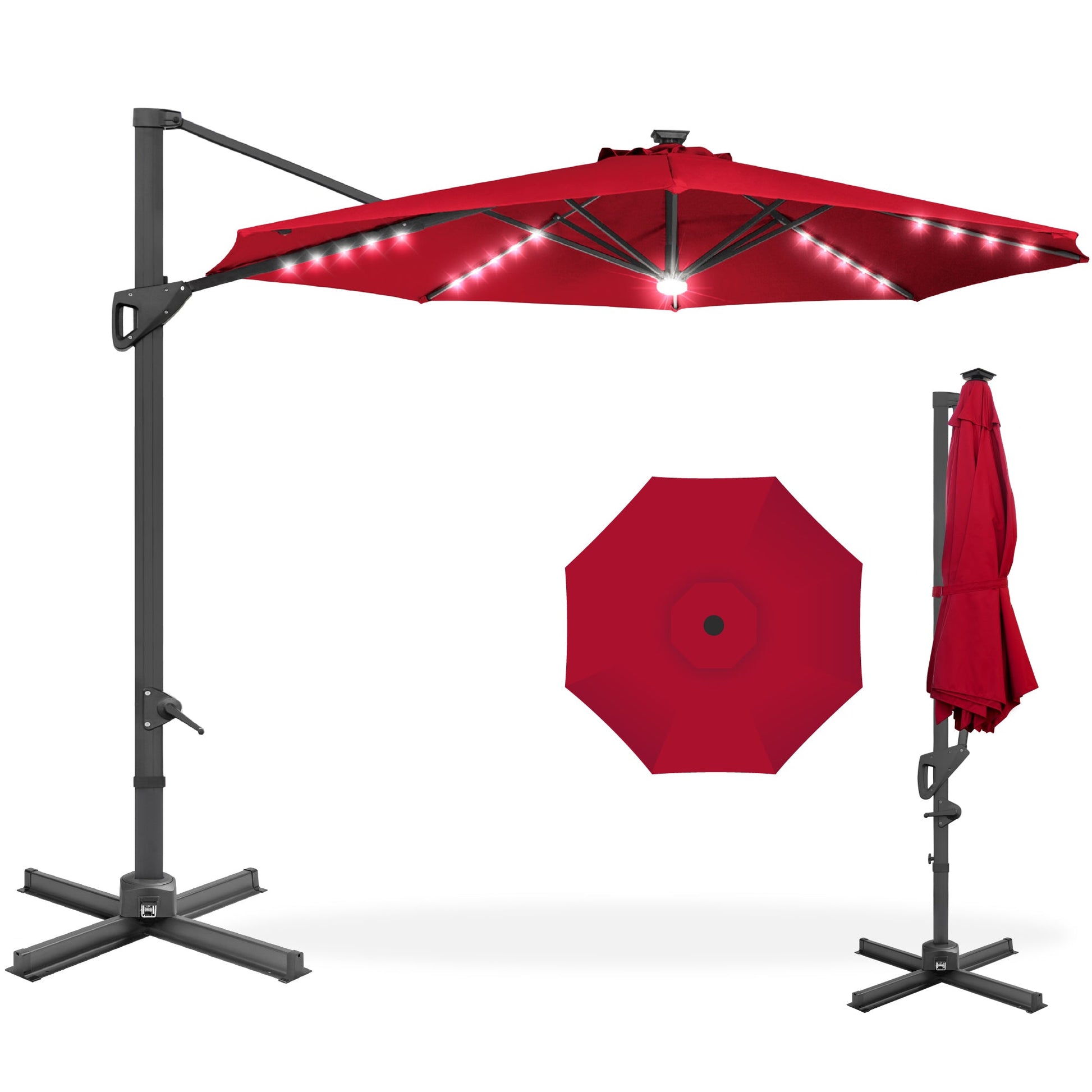 360-Degree Solar LED Cantilever Offset Patio Umbrella w/ Tilt - 10ft