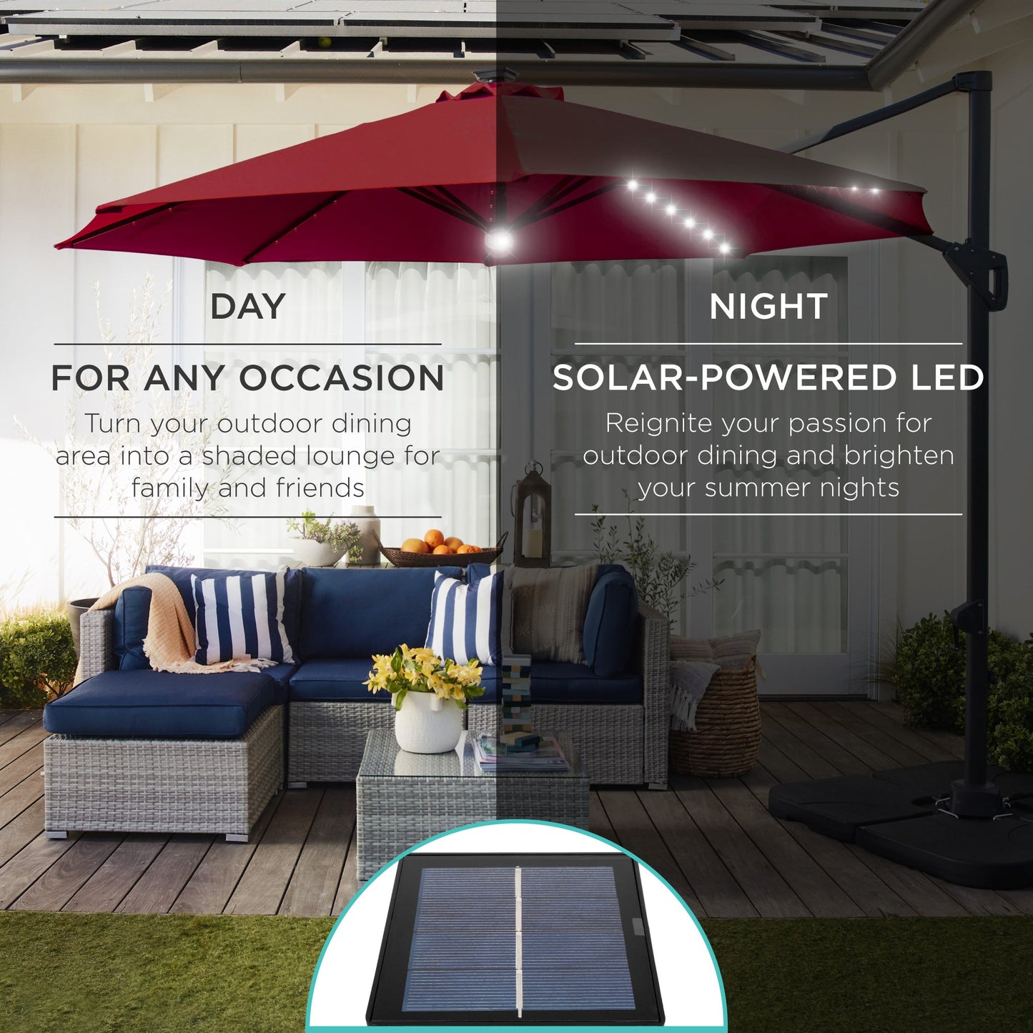 360-Degree Solar LED Cantilever Offset Patio Umbrella w/ Tilt - 10ft