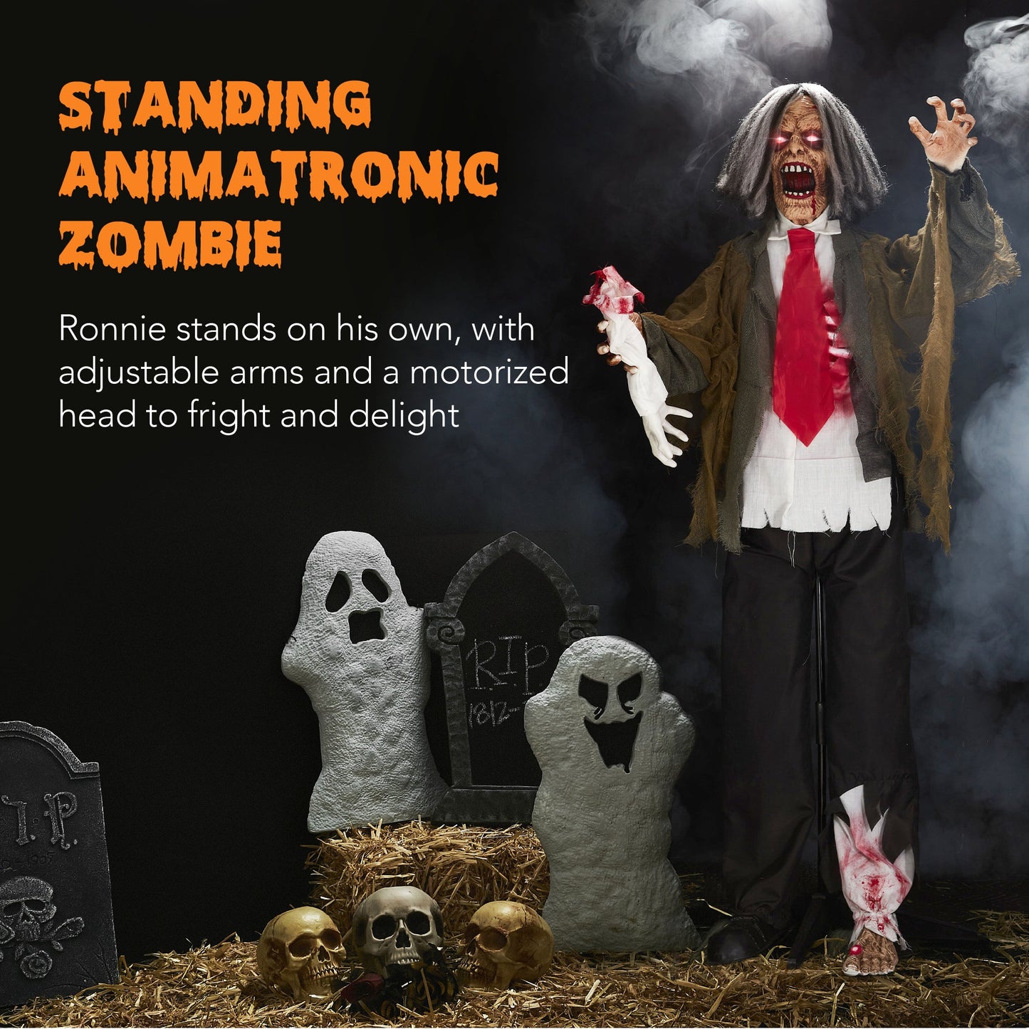 Rotten Ronnie Standing Animatronic Zombie Halloween Prop - 5ft