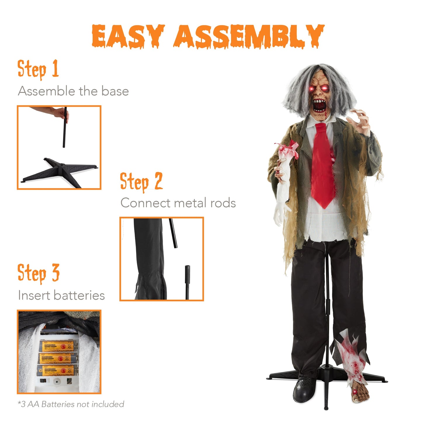 Rotten Ronnie Standing Animatronic Zombie Halloween Prop - 5ft