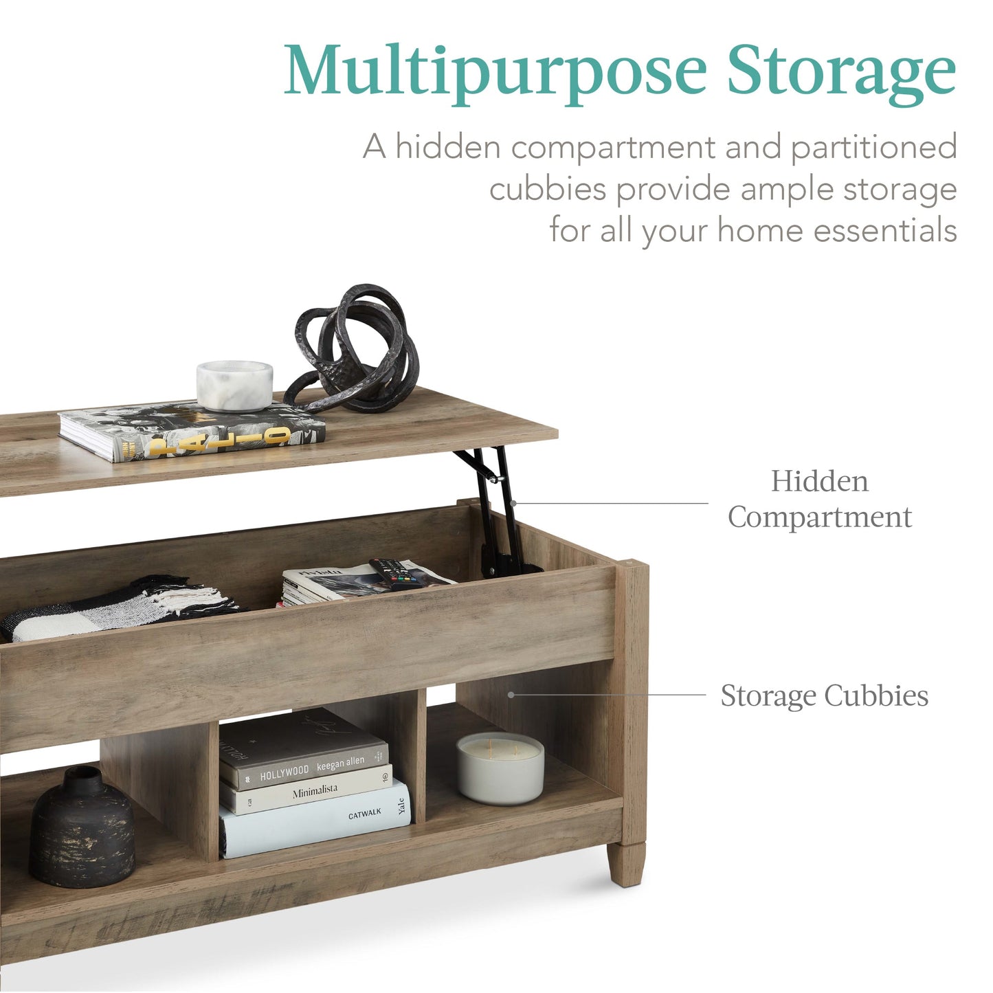 Multifunctional Lift Top Coffee Table w/ Hidden Storage, 3 Cubbies