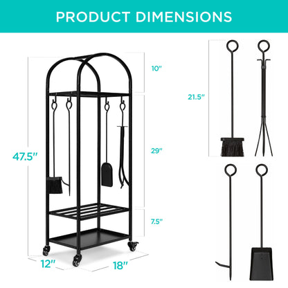 3-Tier Wrought Iron Firewood Log Rack w/ 4-Piece Tool Set, Wheels - 4ft