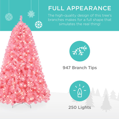 Pre-Lit Artificial Pink Christmas Tree w/ Incandescent Lights, Metal Stand