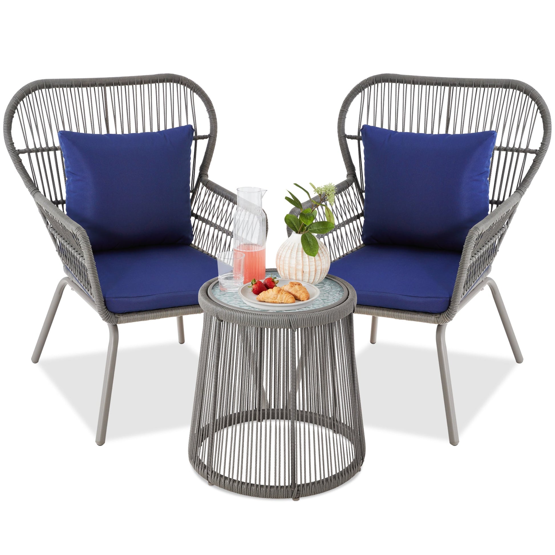 3-Piece Patio Wicker Conversation Bistro Set w/ 2 Chairs, Glass Top Table